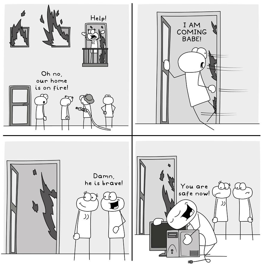 Funny and relatable comic illustrating a person rushing to save a computer from a burning home in everyday life situations.
