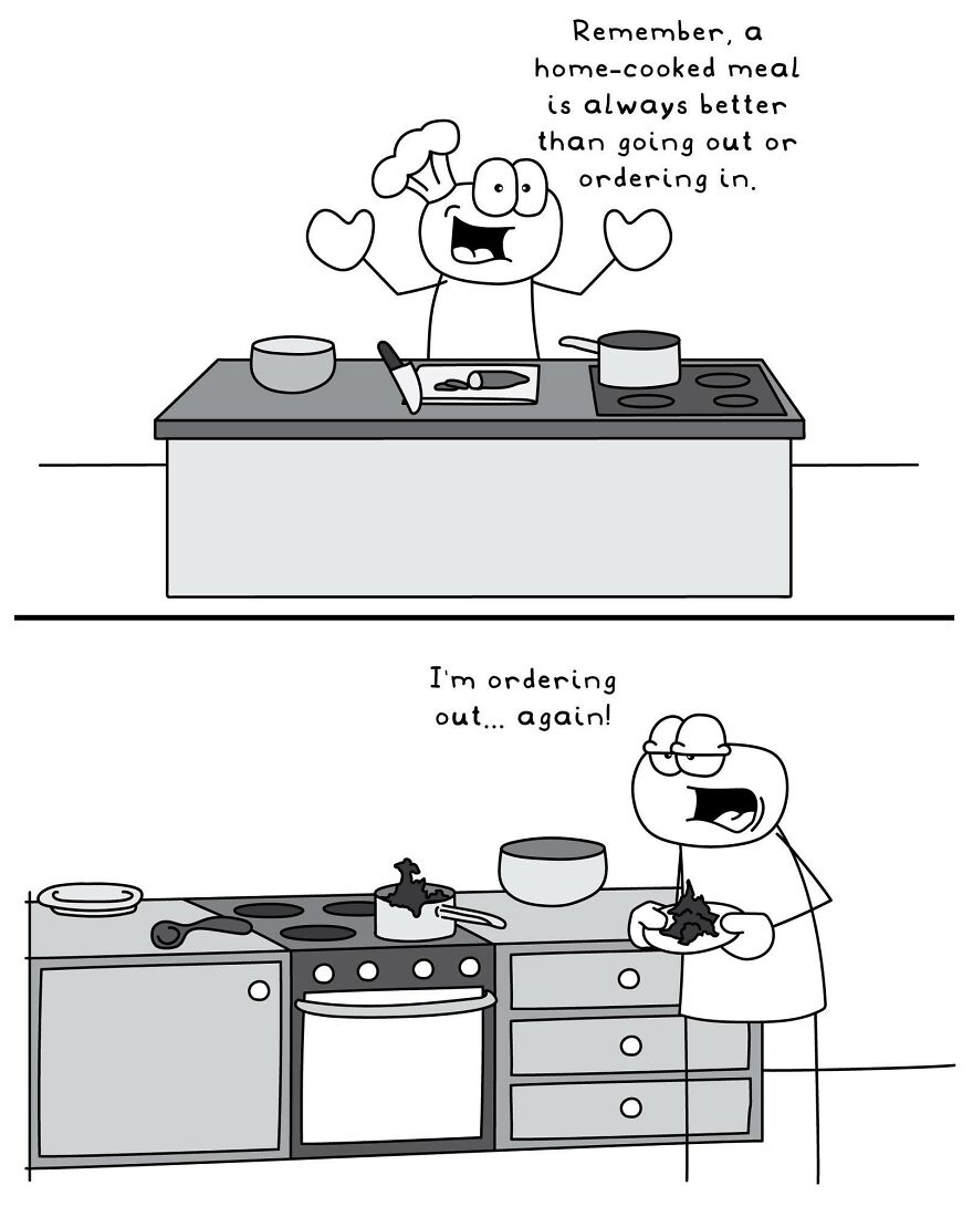 Funny and relatable comic illustrating everyday life situations of cooking a home meal versus ordering out.