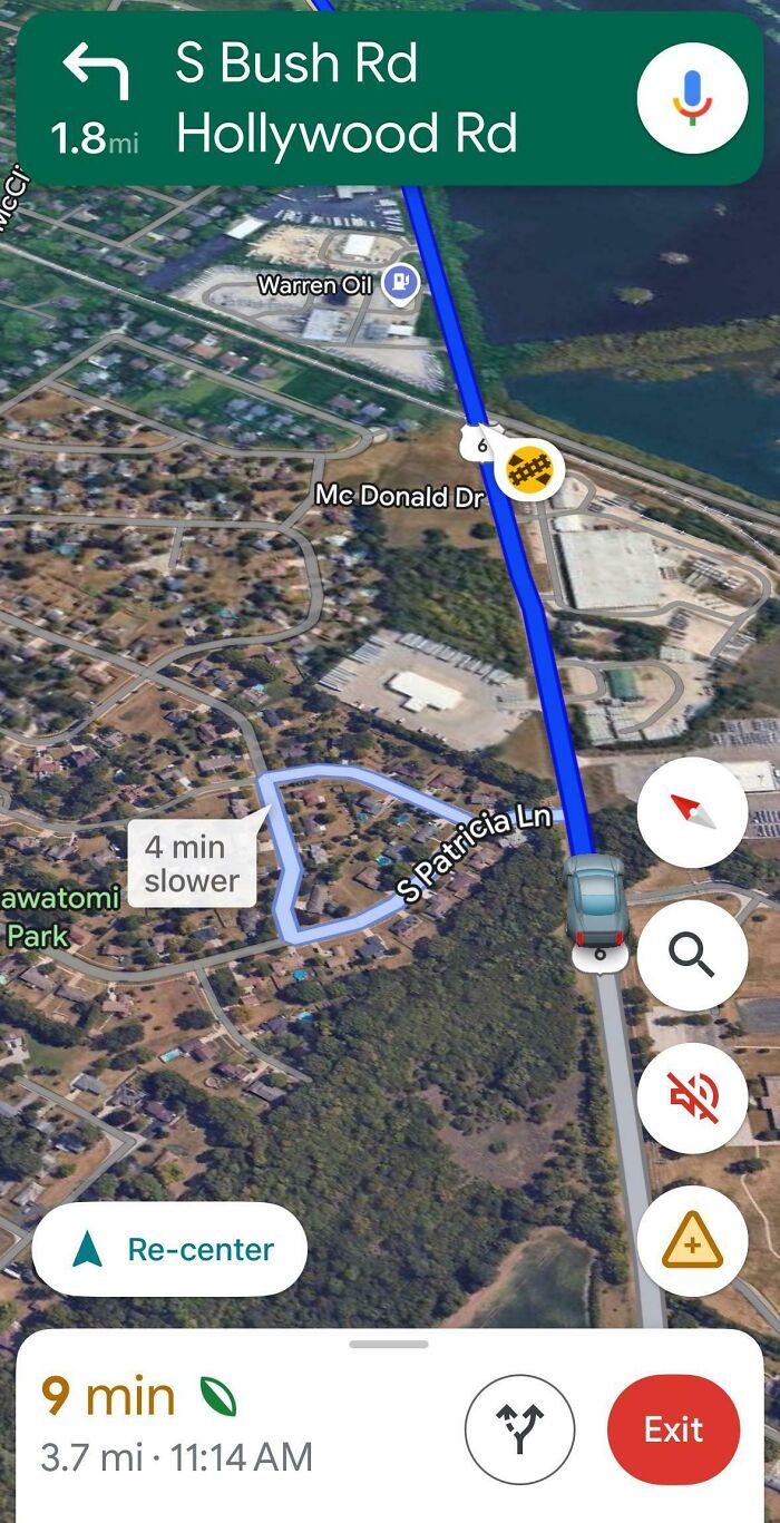 Google Maps navigation showing a route with traffic delay and nearby roads in a suburban area captured on Google Maps.