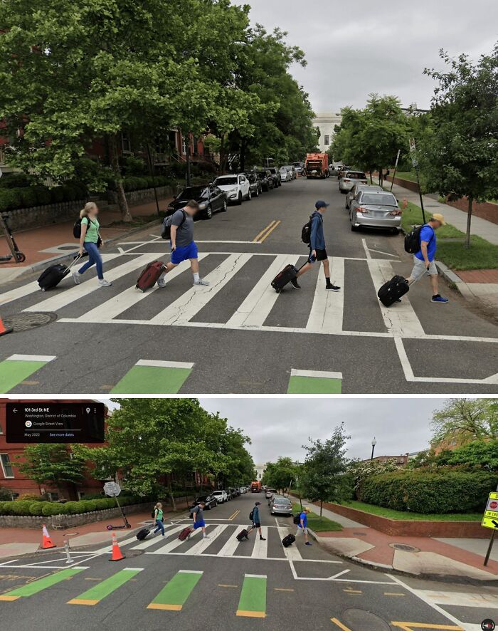 Four people pulling suitcases crossing a street on a crosswalk, a playful scene captured on Google Maps shenanigans.