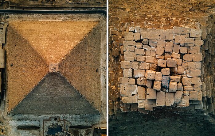 Aerial view of a famous landmark pyramid showing unexpected angles and unique stone patterns from above.