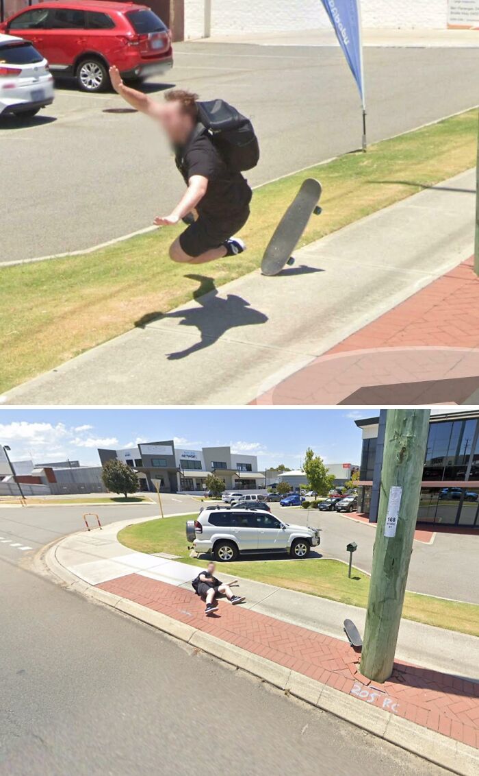 Person captured mid-fall while skateboarding on a sidewalk, humorously caught in a Google Maps shenanigans moment.