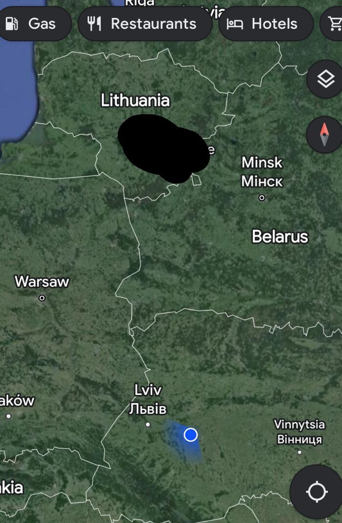 Map screenshot showing Lithuania, Belarus, Poland, and Ukraine with shenanigans captured on Google Maps highlighted.