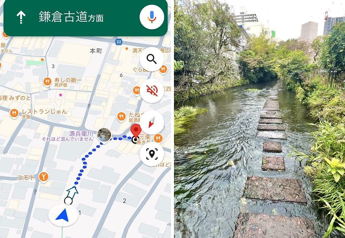 Google Maps captures a unique stone path crossing a flowing river surrounded by greenery and urban buildings.