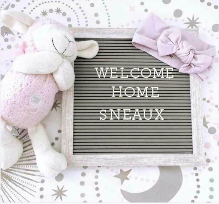 Welcome home sign with a stuffed lamb and pink baby headband, highlighting unique baby names loved by parents.