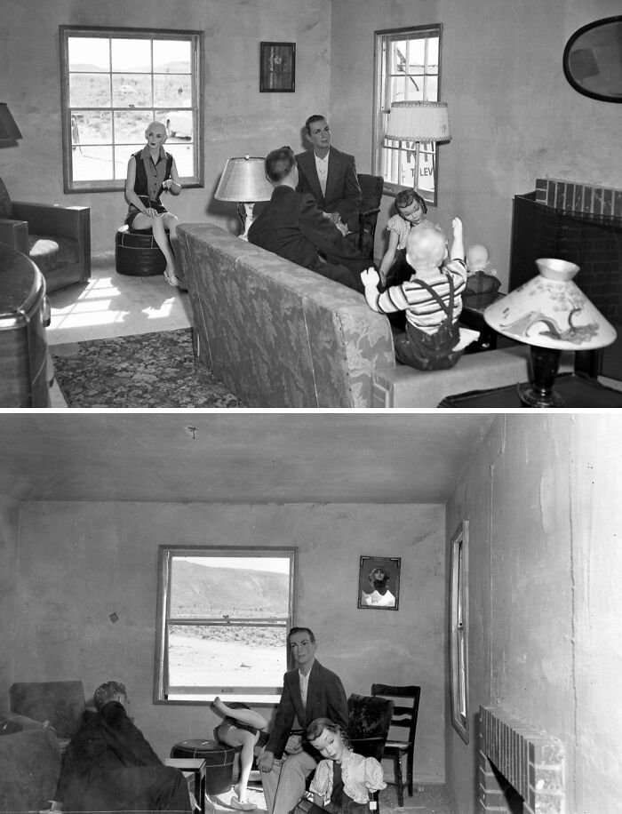 Black and white creepy and unsettling old photos showing people and lifelike dolls in a sparse living room from the past.