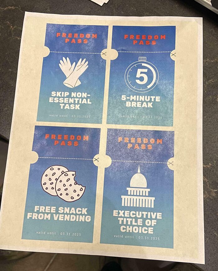 Printed freedom pass coupons offering perks like skipping tasks and free snacks, highlighting a toxic work environment.