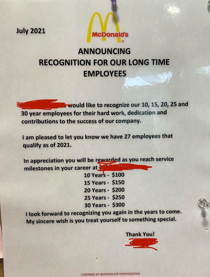 Recognition announcement for long-time employees with small monetary rewards in a toxic work environment photo.