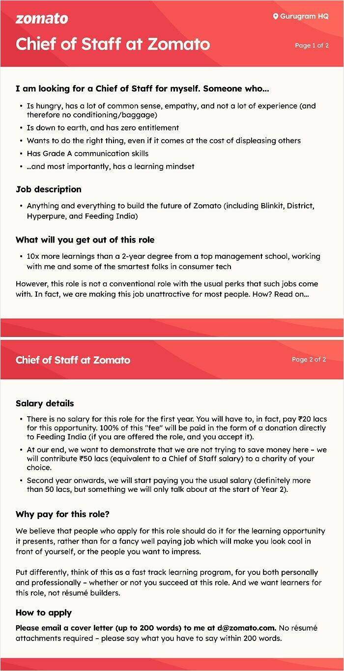 Job listing for Chief of Staff at Zomato with demanding unpaid first year highlighting toxic work environment signs.