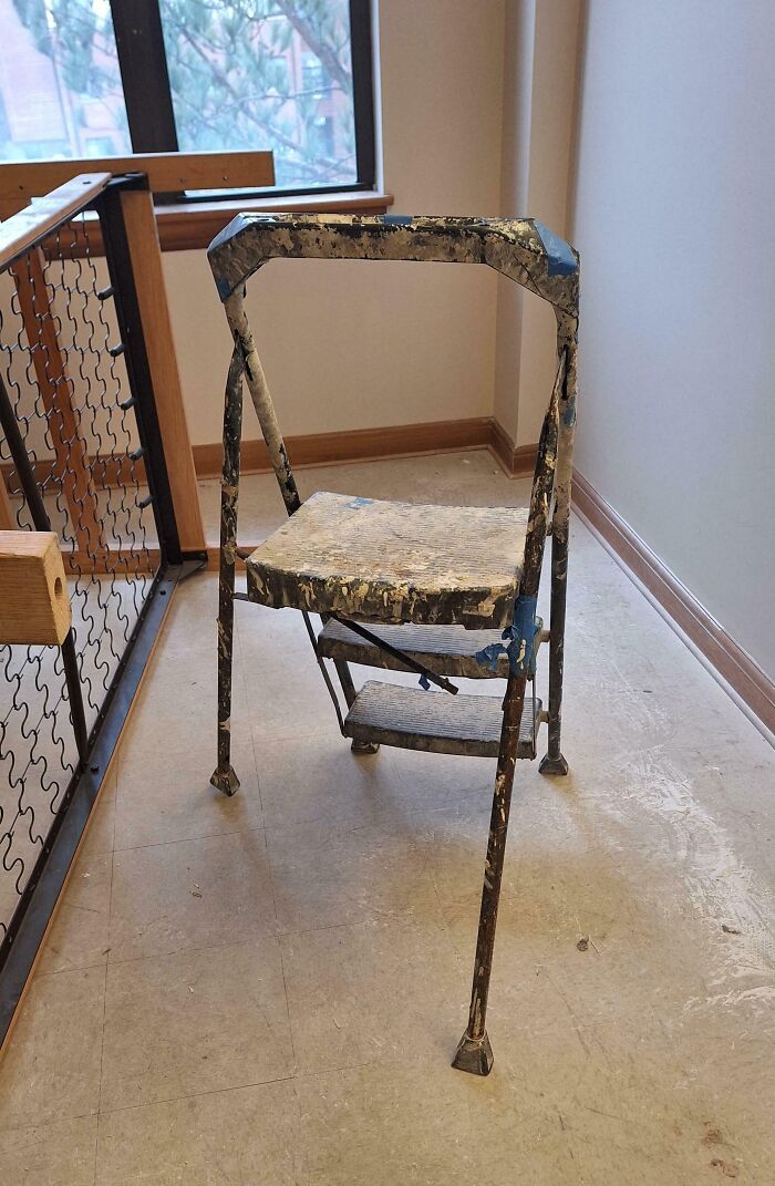 Worn and damaged chair covered in paint splatters in a neglected area of a toxic work environment.