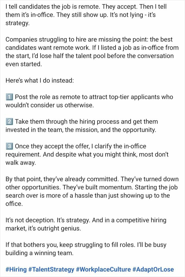 Text discussing strategy used by employers in toxic work environments to attract candidates by listing jobs as remote initially.