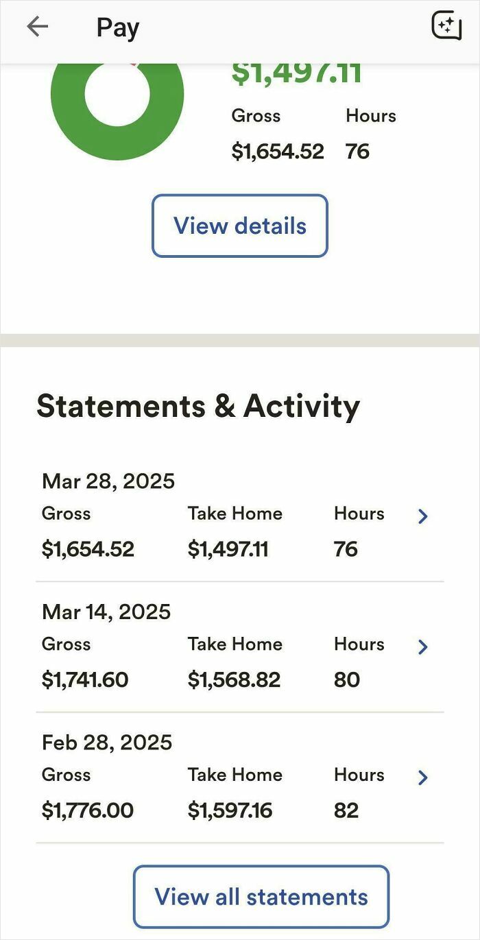 Pay statement screenshot showing gross and take-home earnings with hours worked, highlighting toxic work environment frustrations.