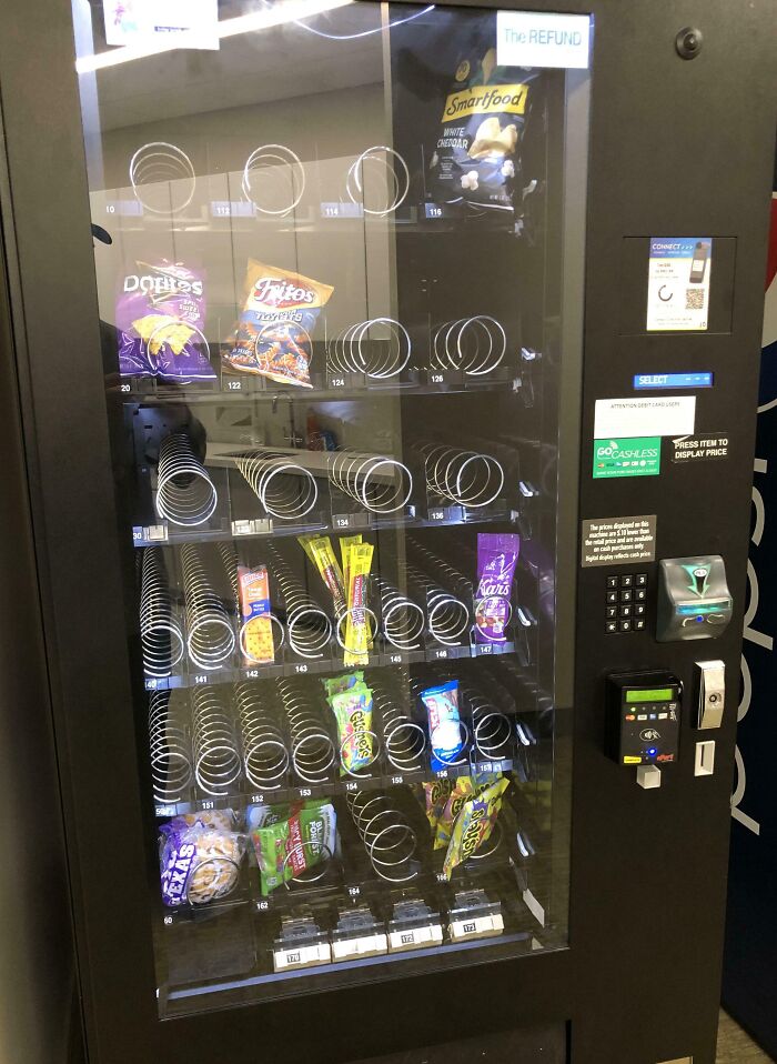 Vending machine with mostly empty slots and few snacks, illustrating an extremely toxic work environment issue.