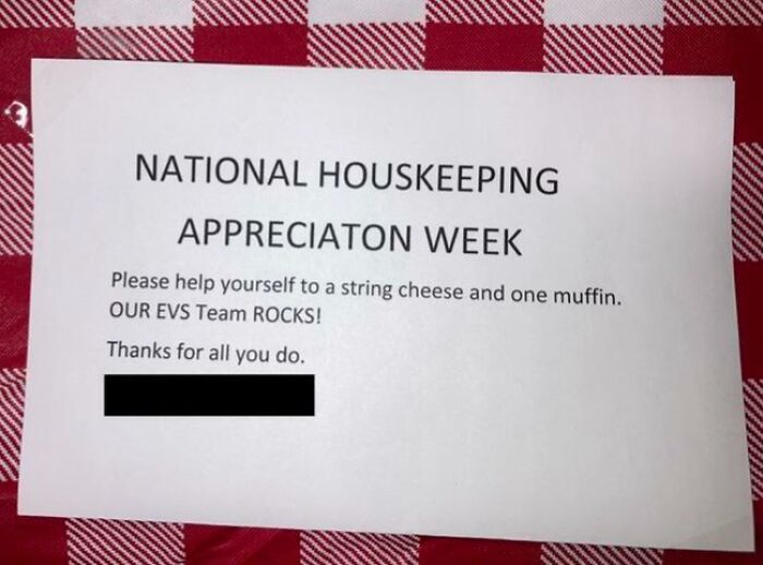 Note showing minimal appreciation to housekeeping staff with a string cheese and muffin, highlighting toxic work environments.