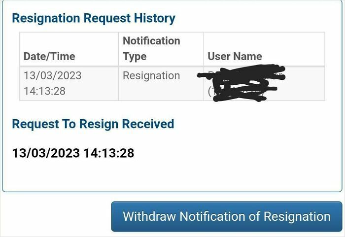 Screenshot of an employee resignation request submitted in a toxic work environment with option to withdraw notification.