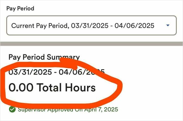 Screenshot of a pay period summary showing zero total hours worked, highlighting a toxic work environment issue.