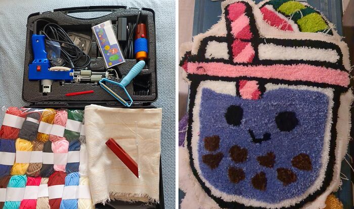 Latch hook crafting kit with colorful yarns and a finished bubble tea design, highlighting popular crafting kits online.