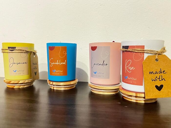 Scented candles labeled Jasmine, Sandalwood, Lavender, and Rose displayed as part of crafting kits for DIY projects.