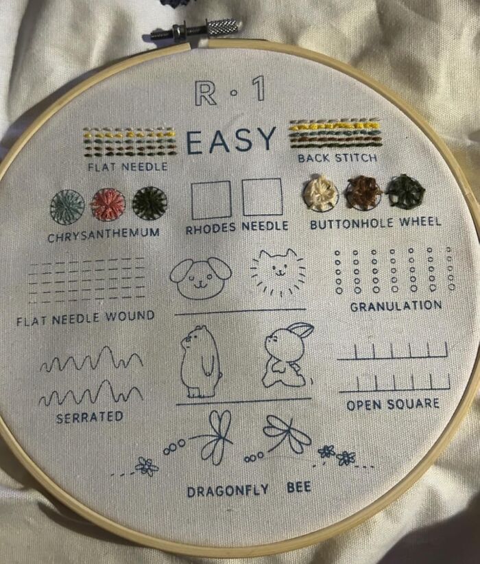 Embroidery sampler hoop displaying easy stitching techniques and cute animal designs, featured in top crafting kits.