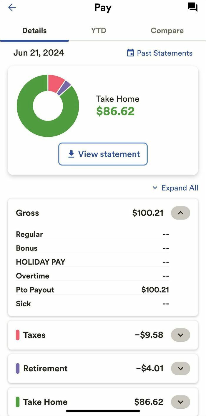 Screenshot of a pay statement showing take-home pay of $86.62, highlighting a toxic work environment with low earnings.