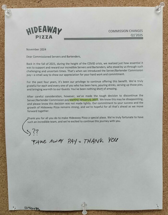 Notice about commission changes at Hideaway Pizza in a toxic work environment, highlighting pay cuts and employee frustration.