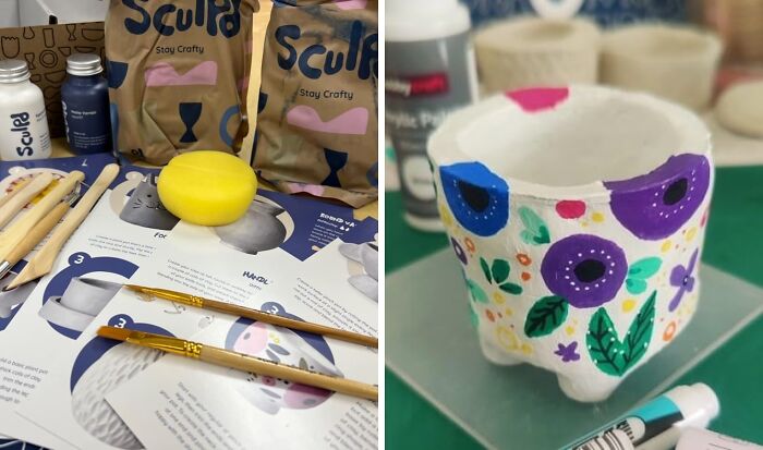 Crafting kits with painting tools, clay, and instructions for creative DIY projects replacing doomscrolling habits.