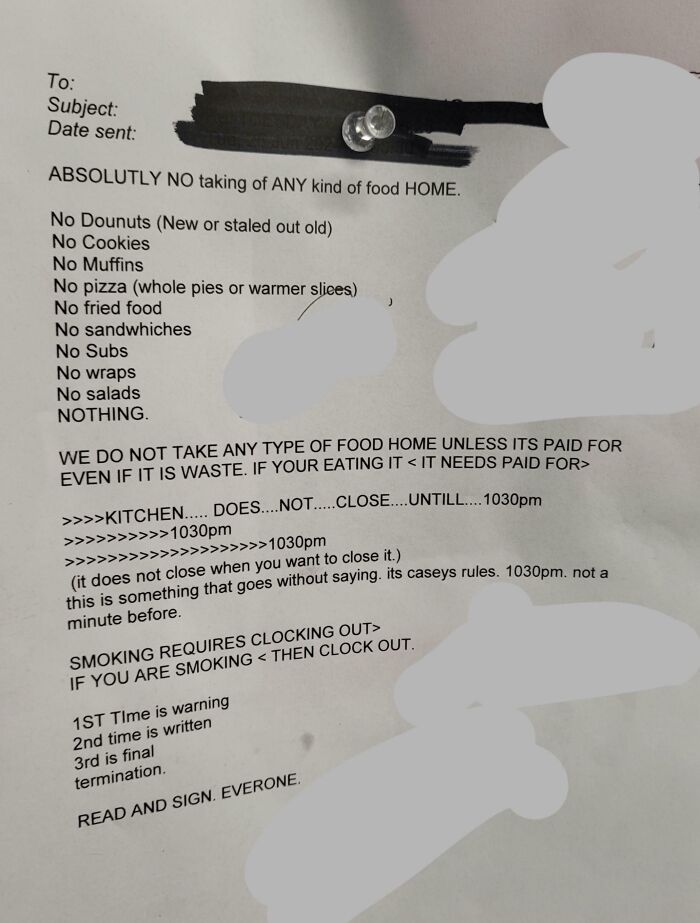 Office memo with strict food and smoking rules, showcasing an example of extremely toxic work environments captured by employees.
