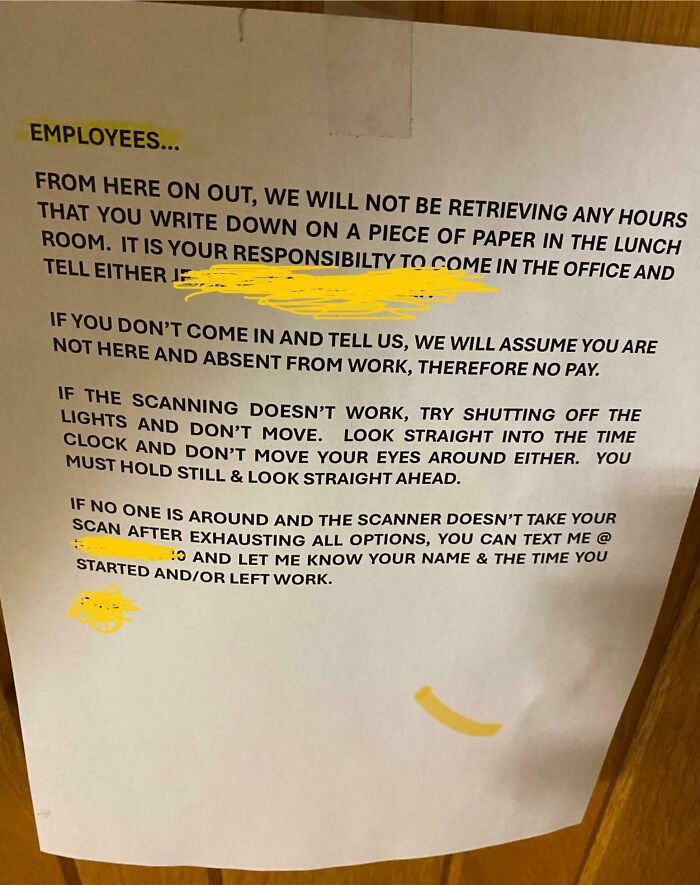 Printed employee notice demanding strict clock-in rules in an extremely toxic work environment with no flexibility on attendance.