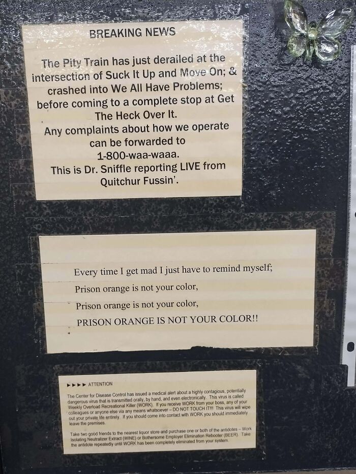 Workplace signs with humorous warnings illustrating extremely toxic work environments captured by employees.