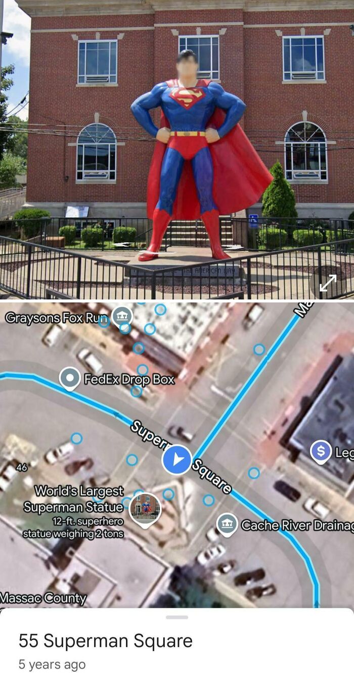 Statue of Superman with a blurred face in a town square captured on Google Maps showcasing shenanigans and unusual finds.