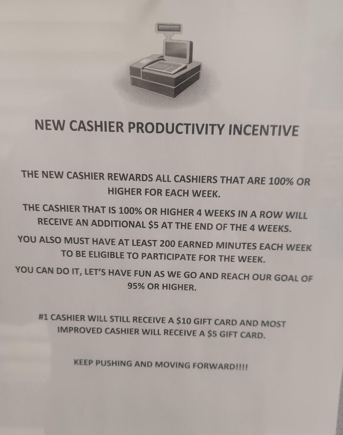 Sign detailing a new cashier productivity incentive with strict requirements in a toxic work environment photo.