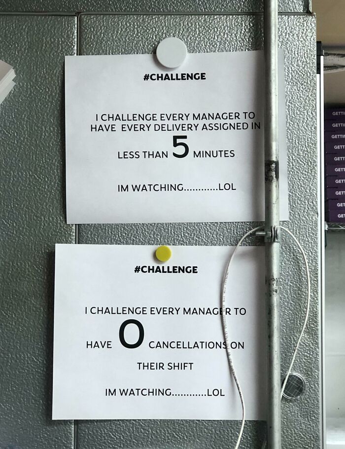 Signs challenging managers to meet unrealistic delivery and cancellation goals in a toxic work environment.