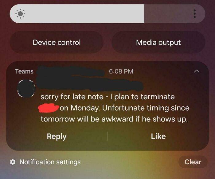 Screenshot of a toxic work environment message discussing employee termination and awkward timing concerns.