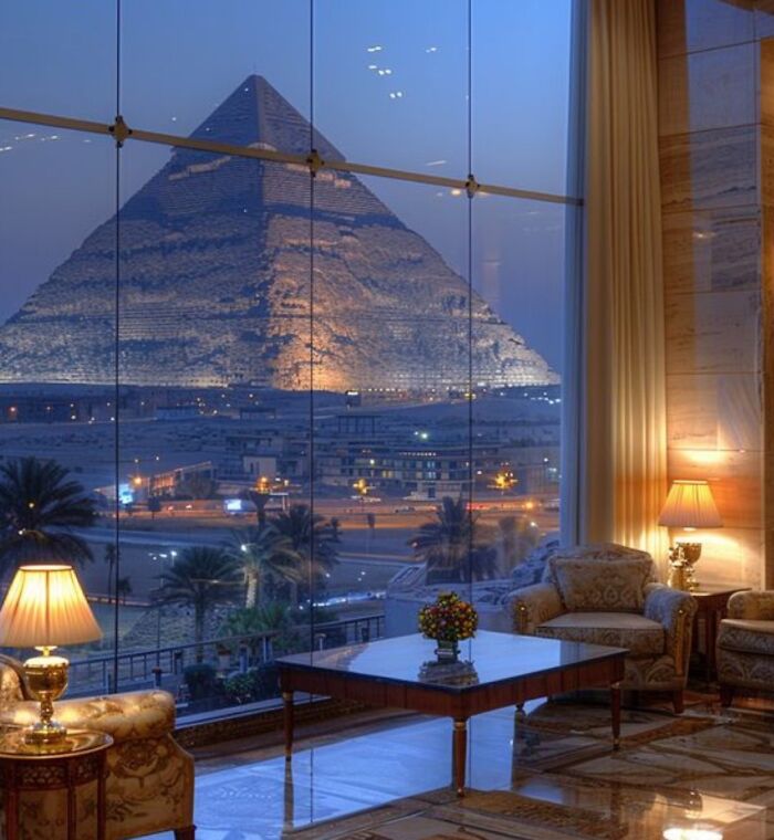 View of a famous landmark, the pyramid, from an unexpected angle through a large window in a cozy hotel room at night.
