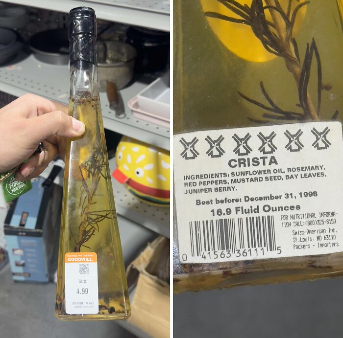 Hand holding an old bottle of Crista oil with expired date 1998 found at a thrift store, showing the label and contents.