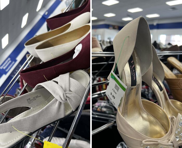 Various pairs of women's shoes found at a thrift store rack, showcasing unique styles and price tags.