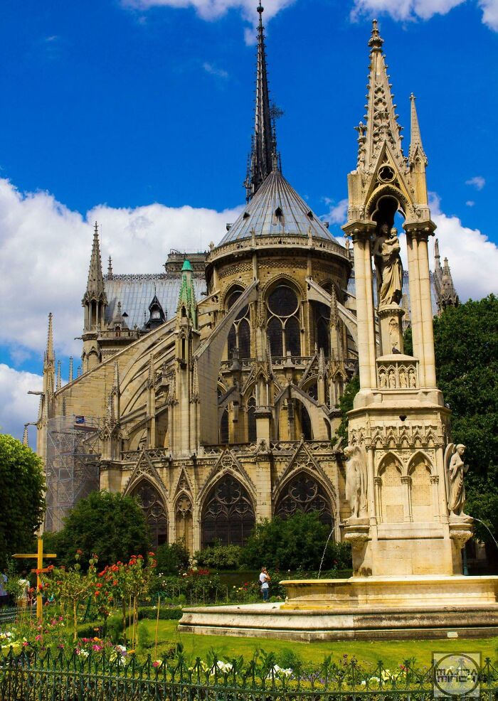 Gothic cathedral and ornate statue captured from an unexpected angle showcasing famous landmarks architecture details.
