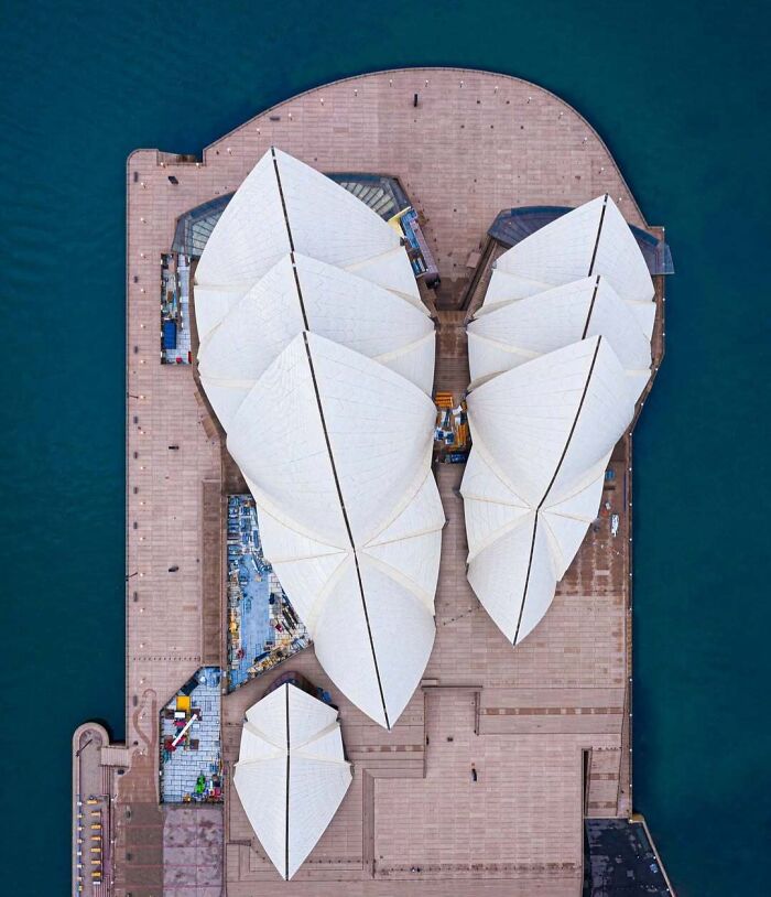 Aerial view of the Sydney Opera House showcasing famous landmarks from unexpected angles and unique perspectives.