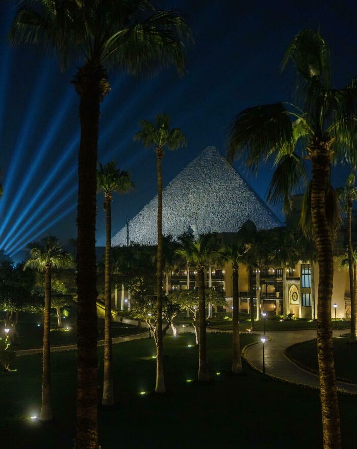 Night view of famous landmark pyramid illuminated behind palm trees from an unexpected angle with beams of light in the sky.