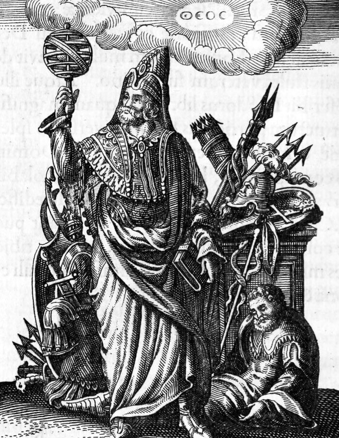 Black and white engraving of a robed man holding an orb, surrounded by weapons, representing ancient theories about the afterlife.