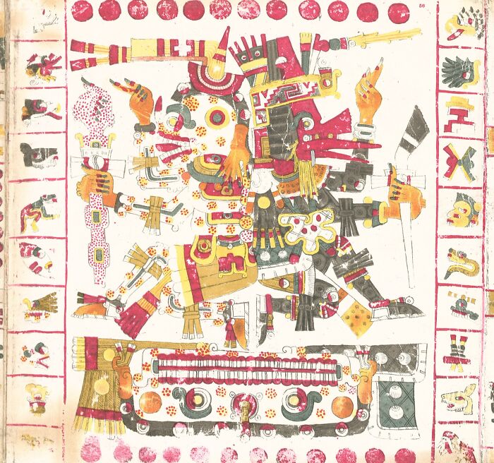 Ancient Aztec codex illustration depicting deities and symbolic elements related to afterlife theories and beliefs.