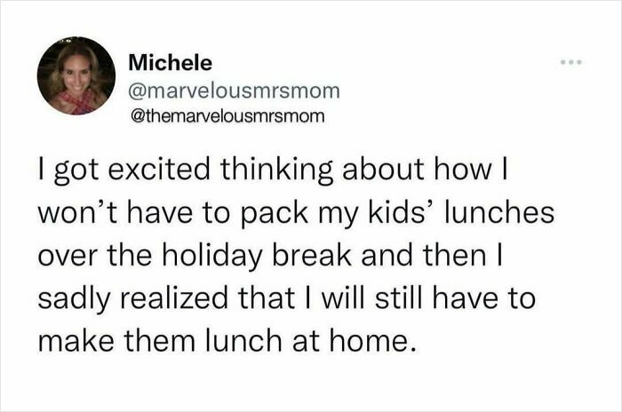 Funny mom post about the challenges of packing kids’ lunches during holiday break, capturing relatable parenting humor.