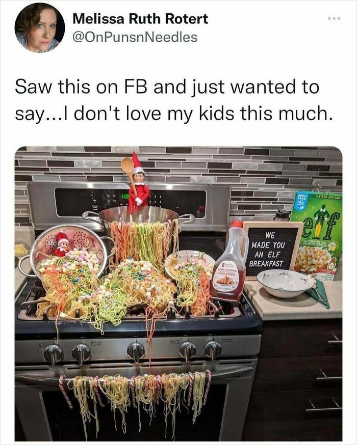 Funny mom post showing elf on the shelf making a messy breakfast with colorful spaghetti on a kitchen stove, humor and mom life.