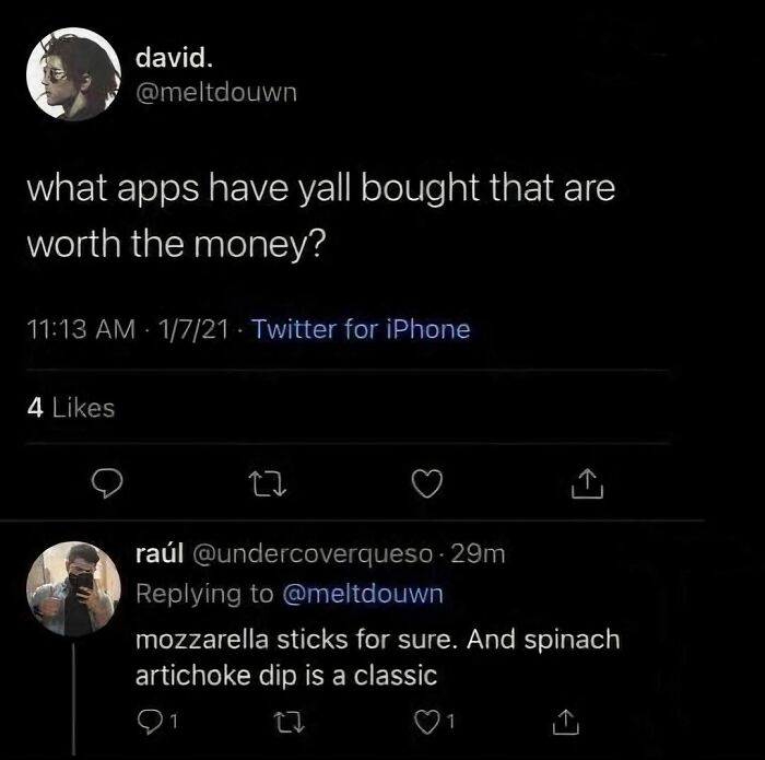 Twitter conversation screenshot about apps worth buying, humorously replied with mozzarella sticks and spinach artichoke dip, funny mom posts theme.