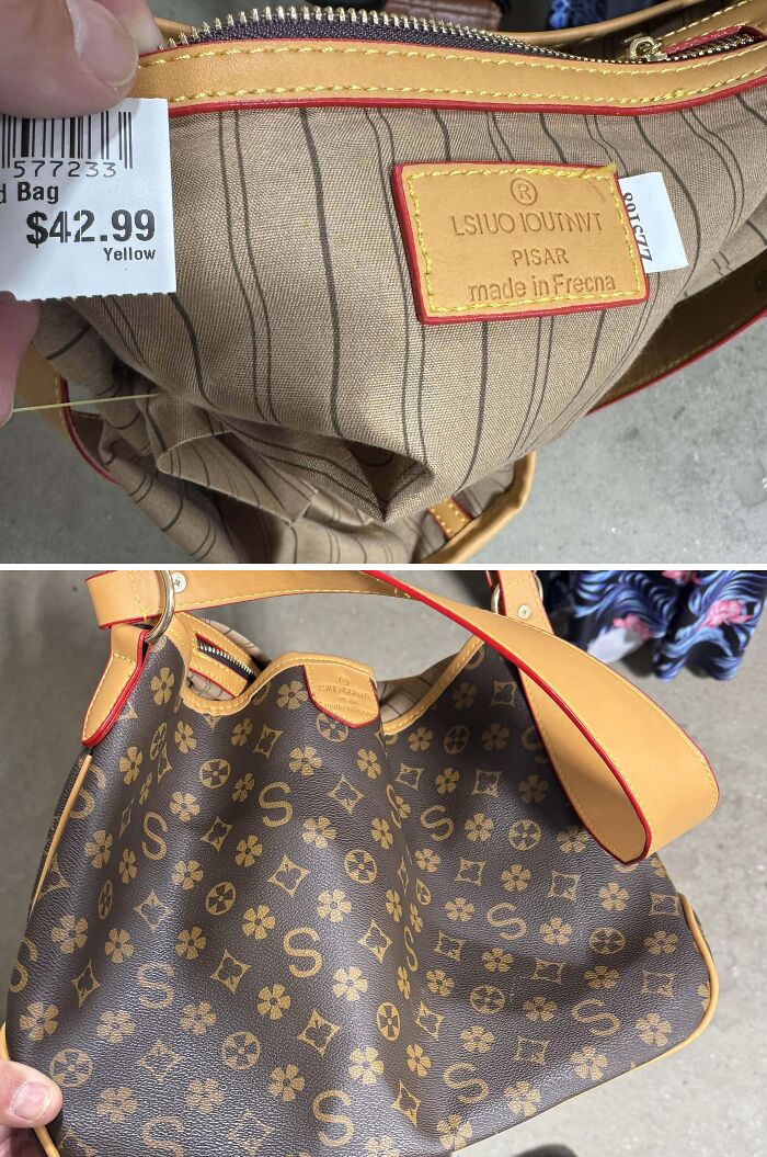 Fake designer handbag found at thrift store with misspelled brand label and $42.99 price tag, highlighting ridiculous finds.