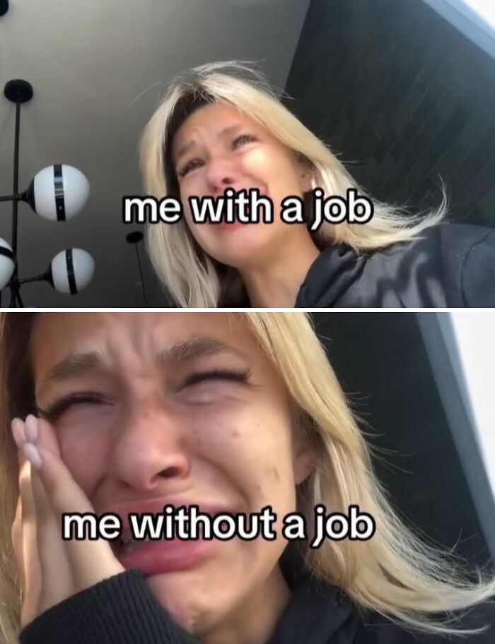 Woman making funny crying faces in a meme showing contrast with and without a job, capturing humorous posts to share with friends.