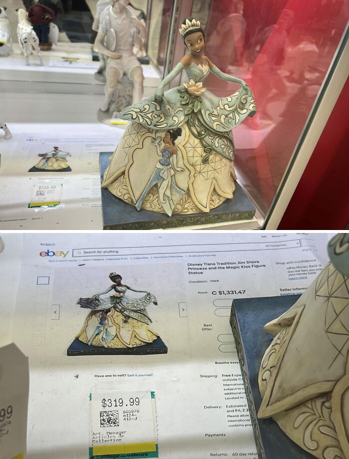 Intricately designed Disney Tiana figurine found at thrift store priced at 319.99 alongside online listing over 1300.