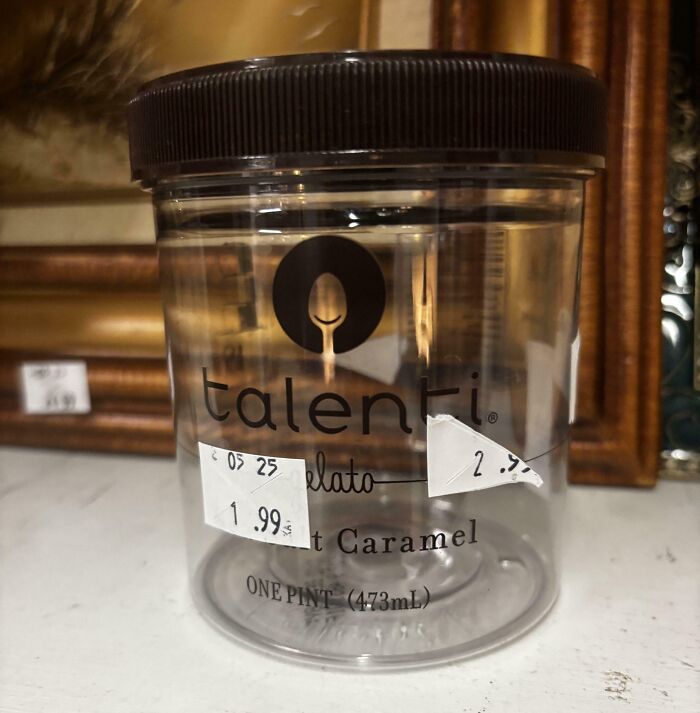 Clear plastic Talenti gelato container with price stickers, found at a thrift store among ridiculous items.