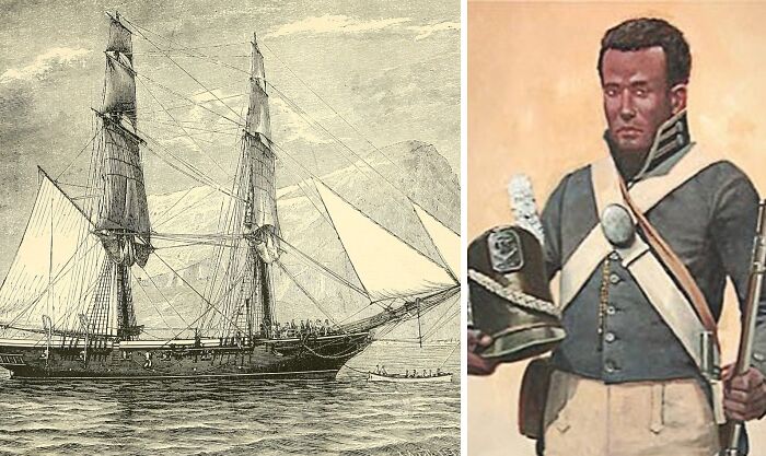 Historic ship sailing at sea alongside illustration of African American soldier in military uniform representing African American military history.
