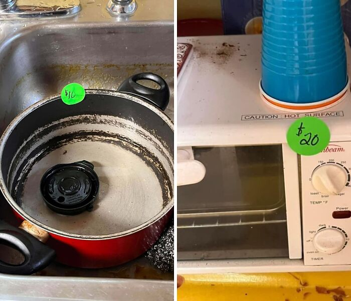 Worn-out cookware and a toaster oven with price tags found at a thrift store showcasing ridiculous thrift store finds.
